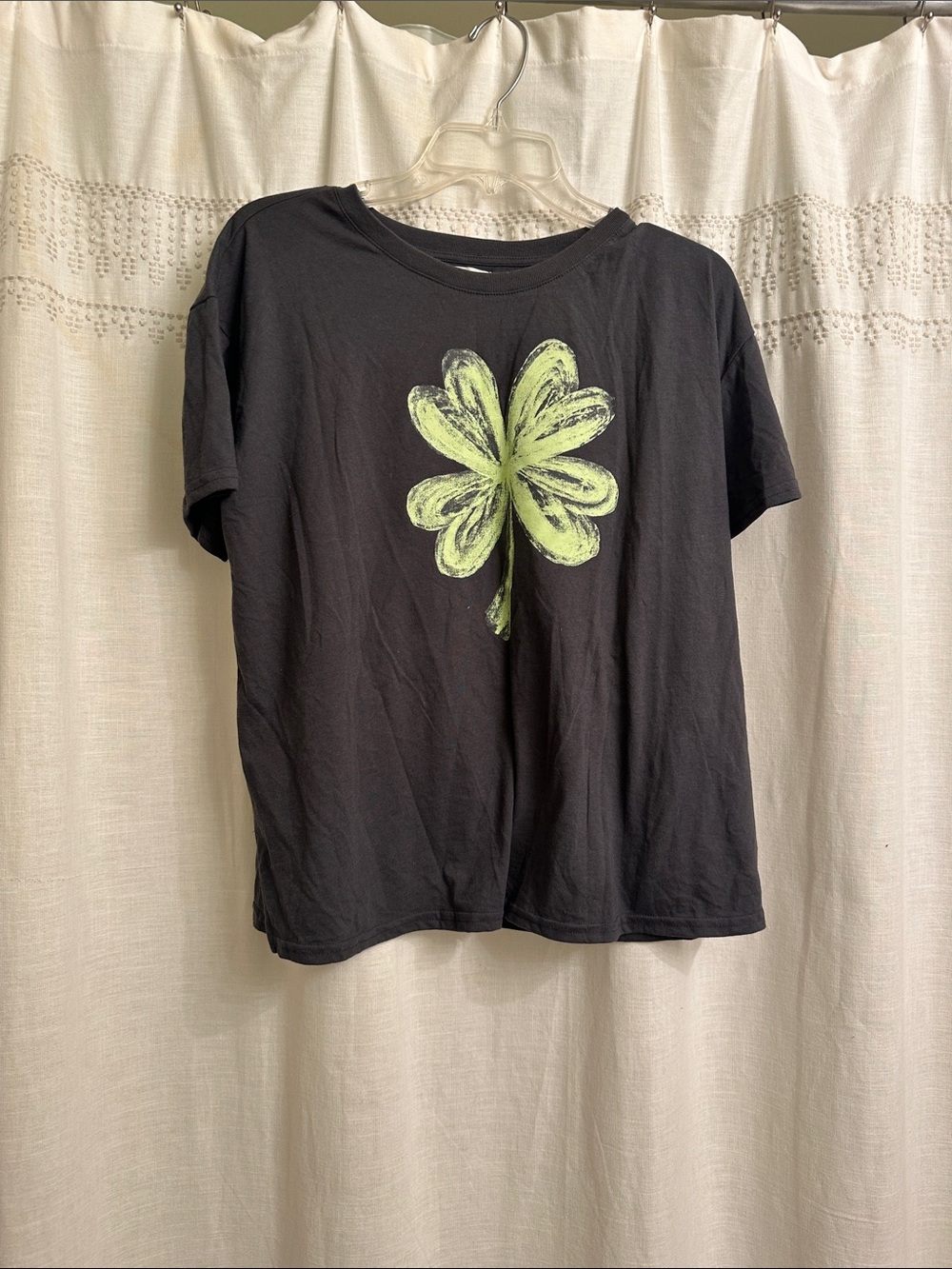 Maurices Black Tee with Neon Green Clover Graphic